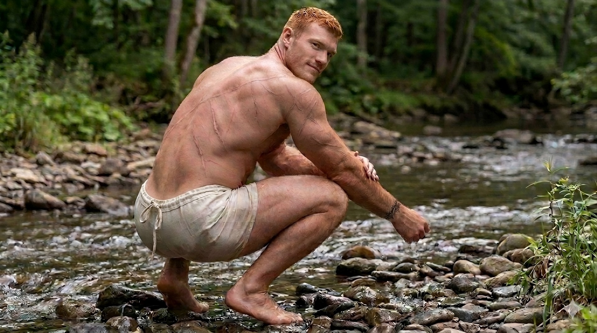 Eldran crouching beside the river